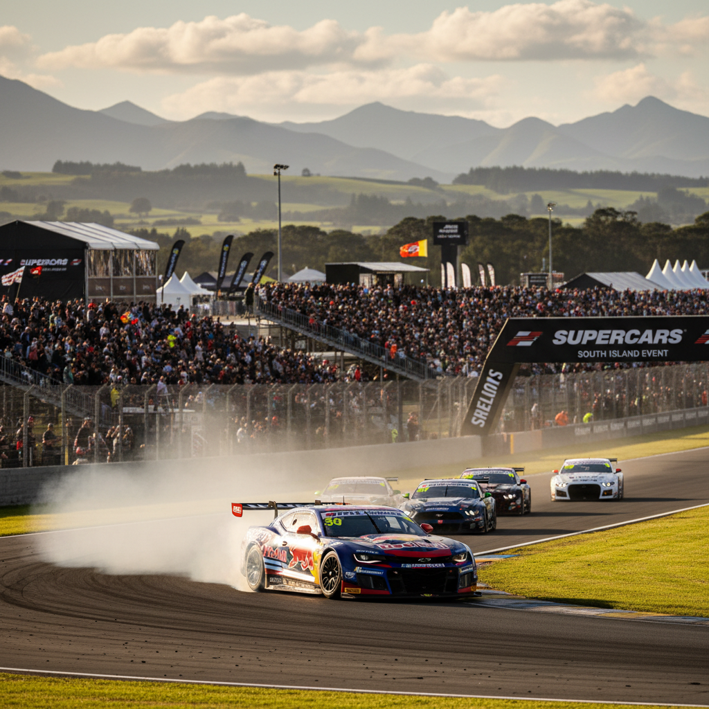 Supercars racing on track with crowd in stadium setting during event
