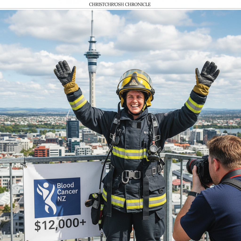 A person in firefighting gear ascends the Sky Tower stairs, raising funds for blood cancer research.