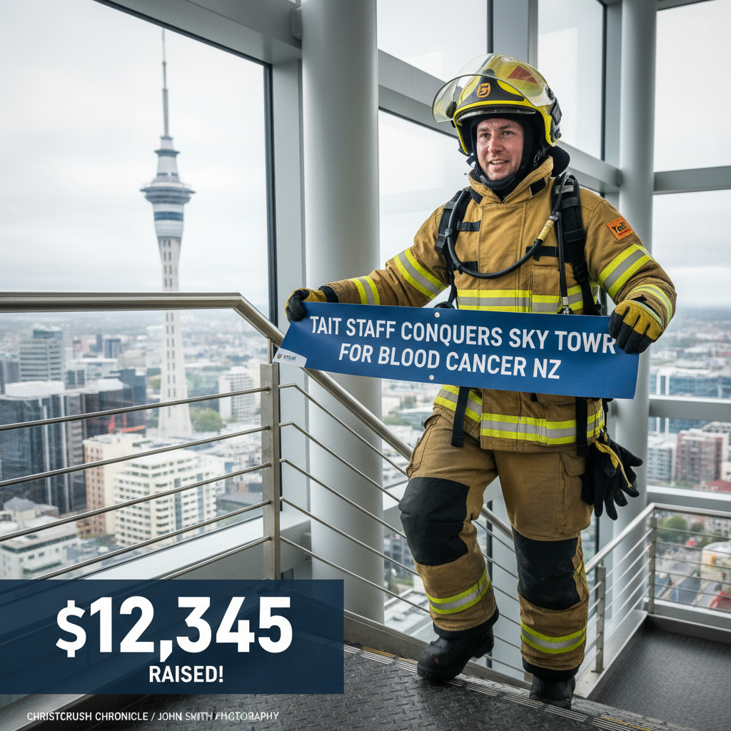 Tait Communications employee in firefighting gear ascends the Sky Tower for charity.