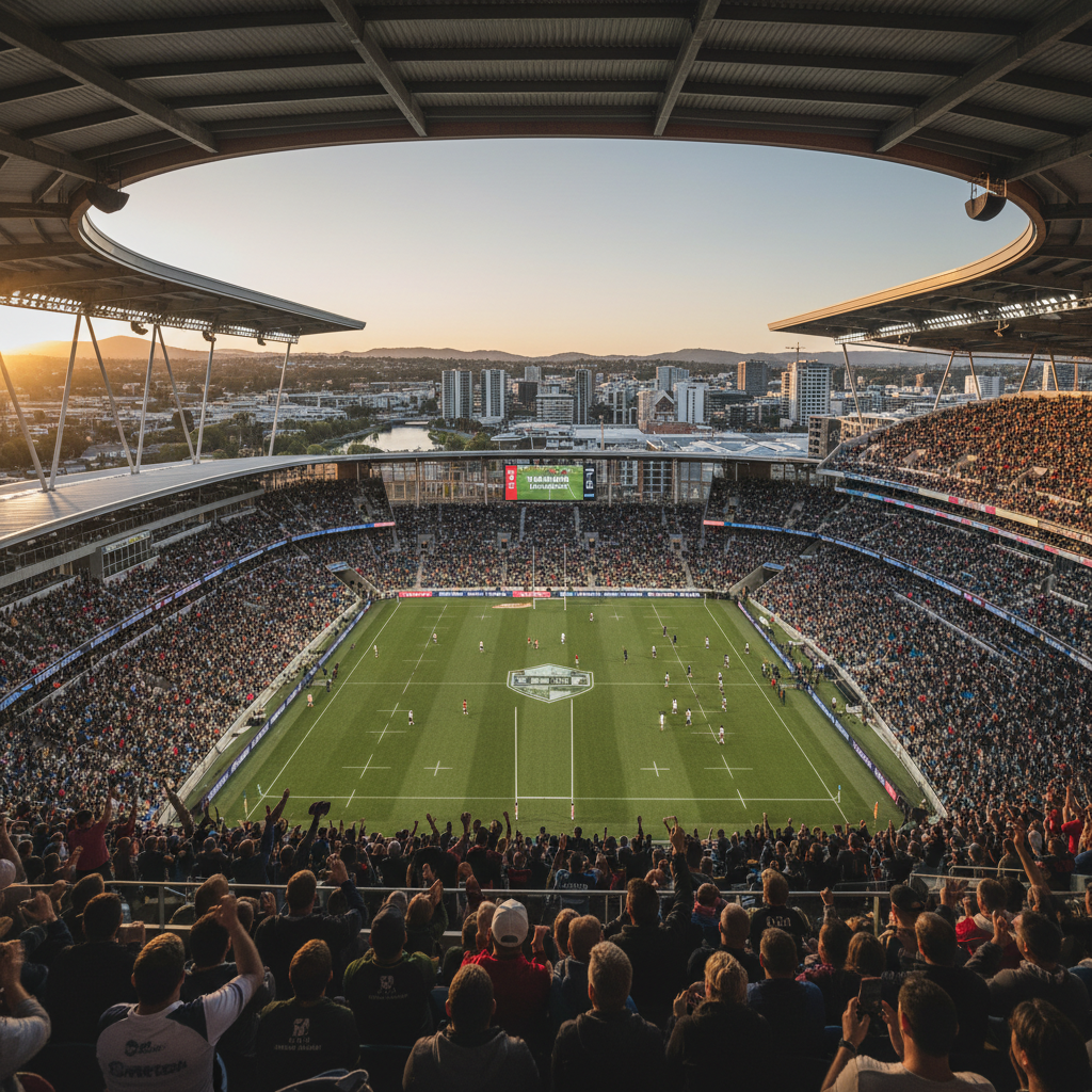Modern Te Kaha stadium with a crowd visible, symbolizing Christchurch's post-earthquake recovery and renewal