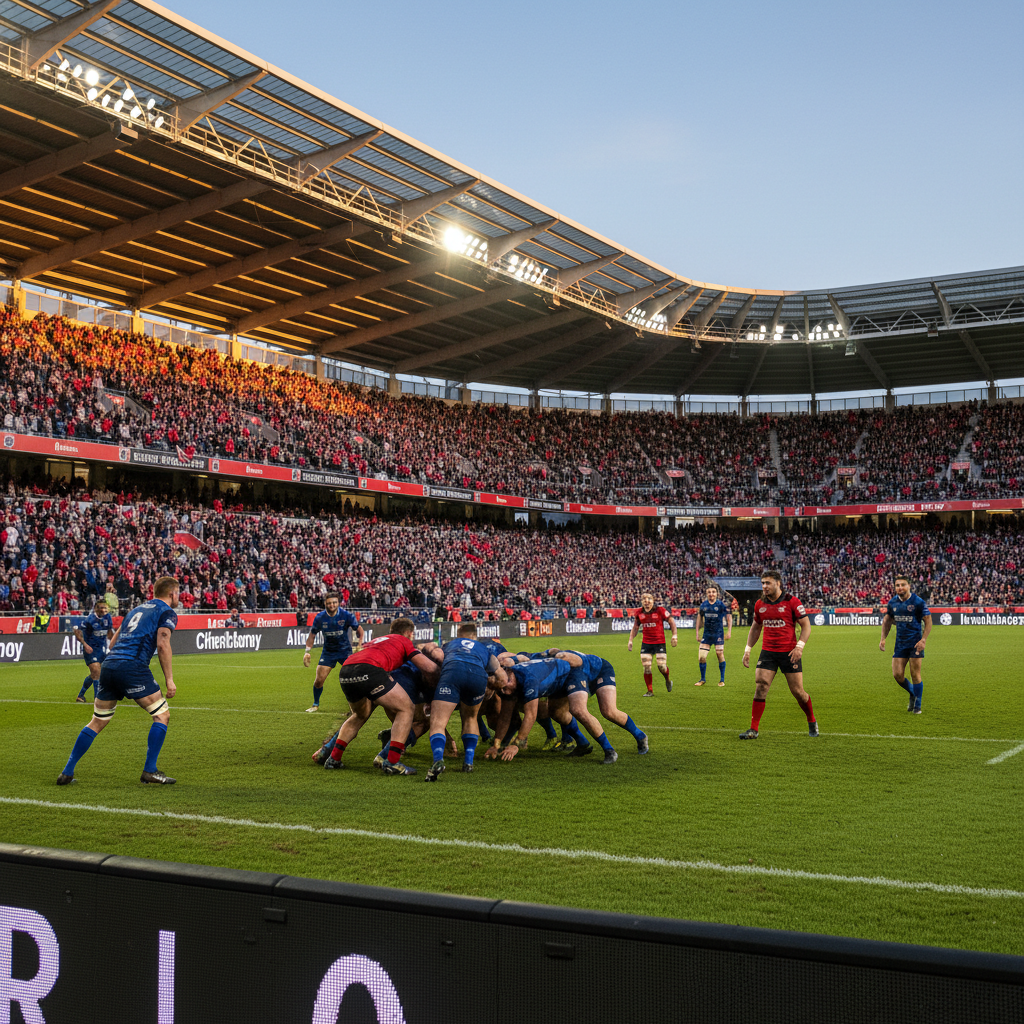Action shot of a rugby match at Te Kaha stadium, Christchurch, during the Super Round event.