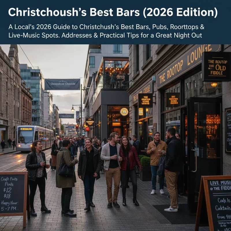 Nightlife in Christchurch, with diverse bars and lively music venues presented in a 2026 guide.