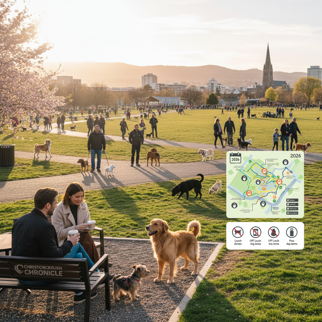 A golden retriever happily walks along a path in a park with Christchurch city buildings in the background.