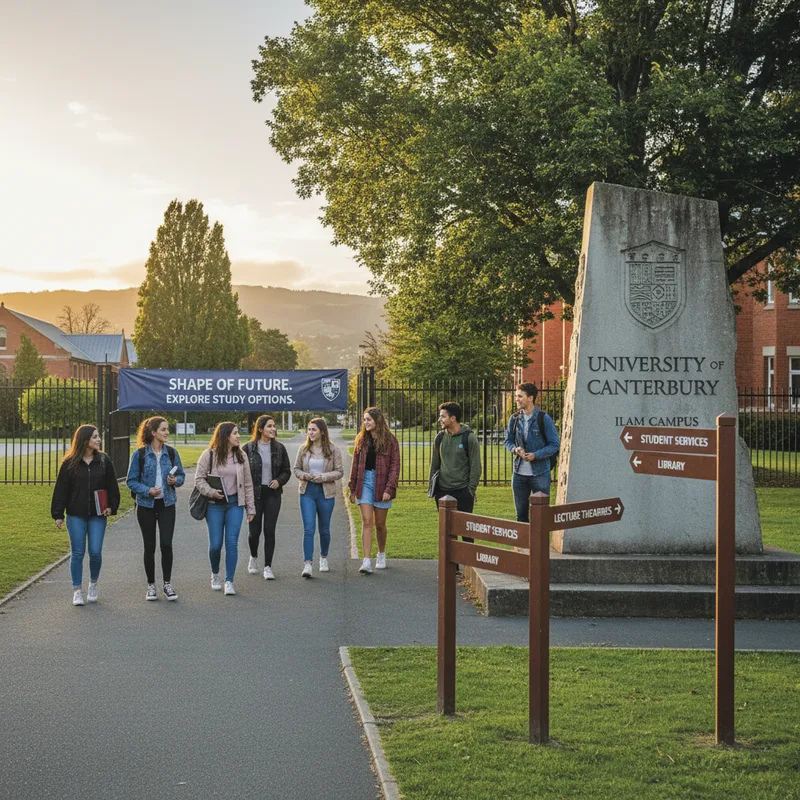 University of Canterbury students walk by campus signs on Ilam Road near the university's main entrance.