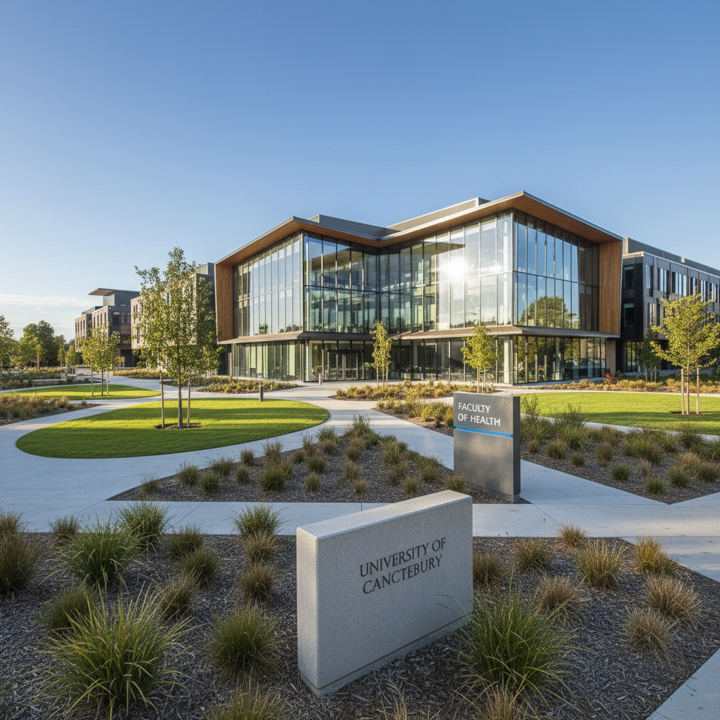 Modern building exterior with landscaped grounds at the University of Canterbury in Christchurch.
