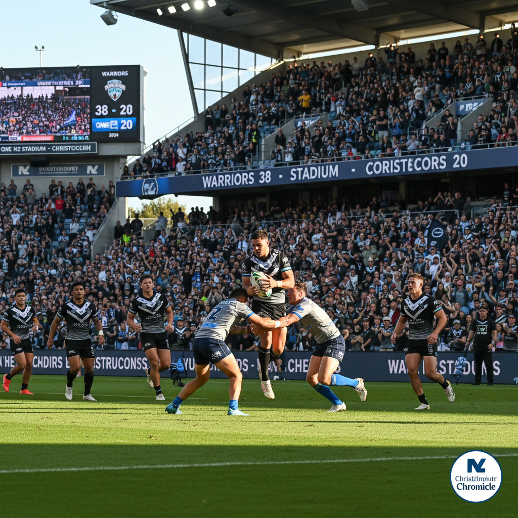 Warriors players celebrate a try against the Cowboys on a packed Christchurch stadium field.