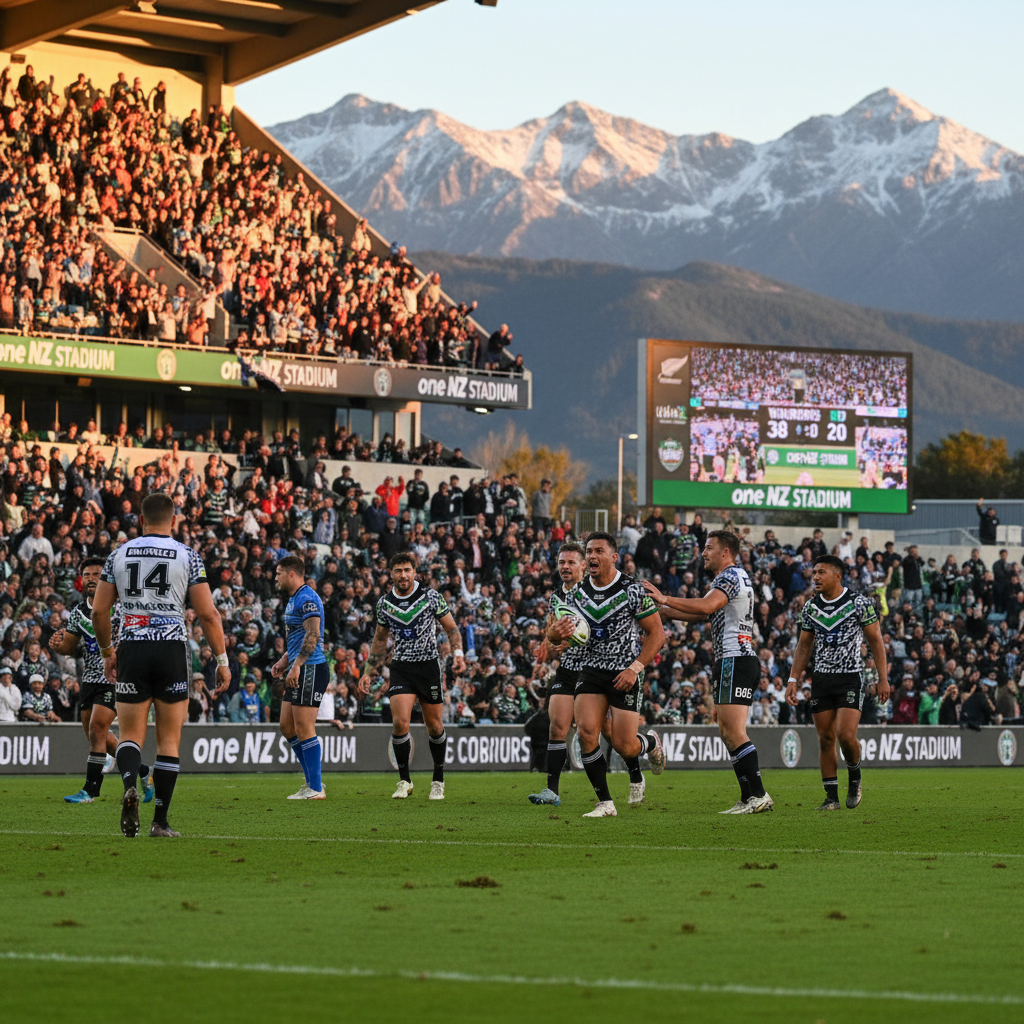Warriors player runs with the ball during a rugby match against the Cowboys at a stadium.