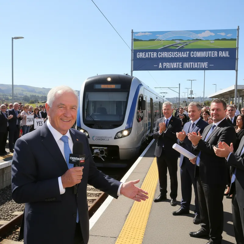 Winston Peters speaking at a podium, with a blurred Christchurch cityscape in the background.